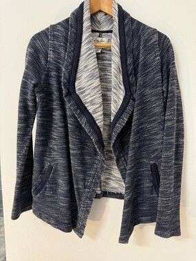 Lucky Brand Navy and White Marled Open-Front Cardigan
